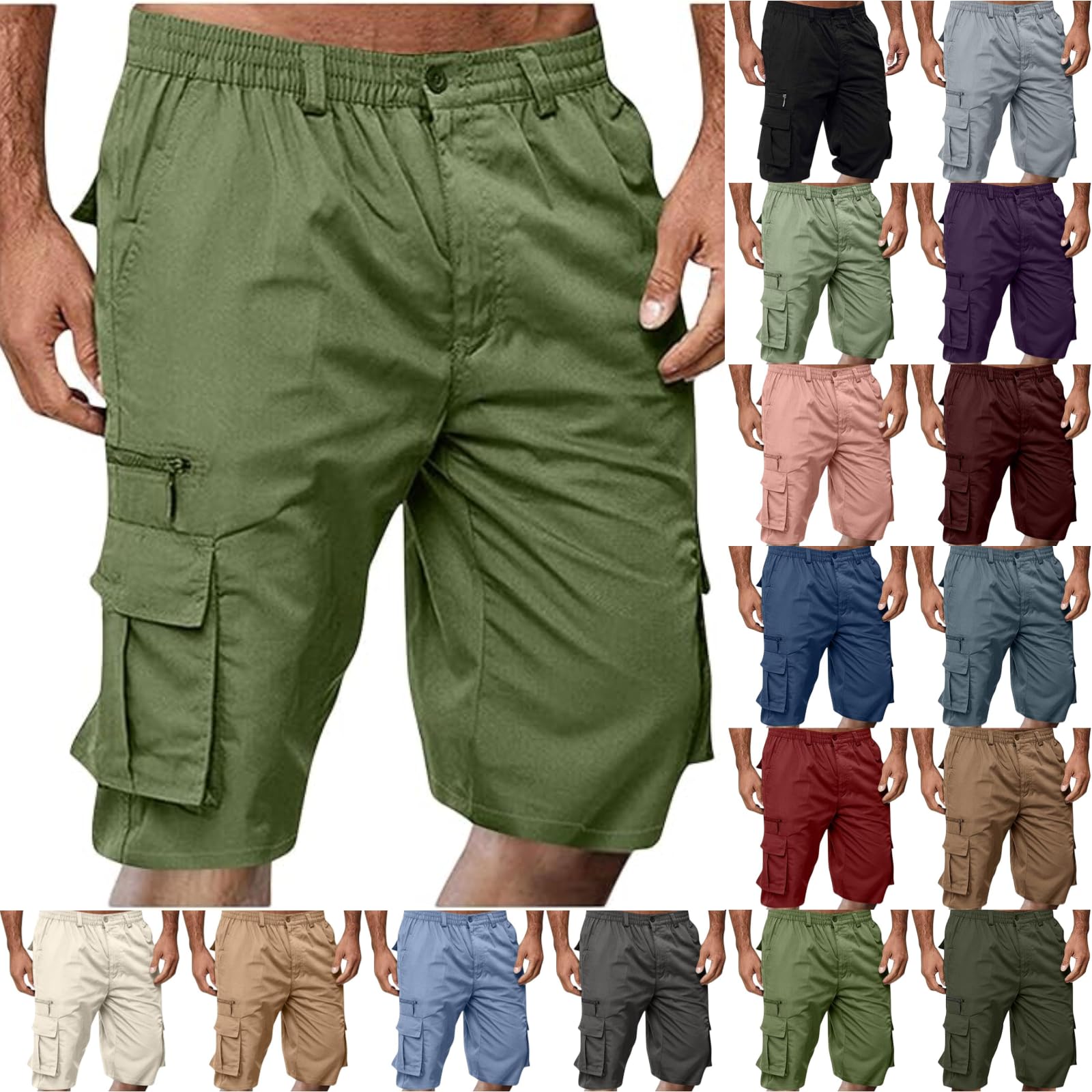 Cargo Shorts for Men Casual Summer Hiking Pants Elastic Waist Big and Tall Knee Length Multi-Pockets Bermuda Shorts